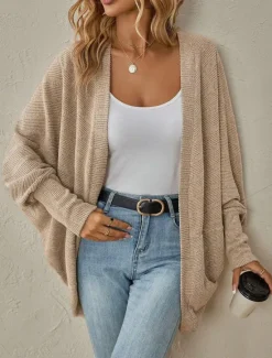 Clearance Women's Cardigan Coat Casual Solid Color Ribbed Open Front Knitted Batwing Sleeve Long Sleeve Regular Tops Knit Daily Pink Blue Spring Fall Women Cardigans & Outerwears