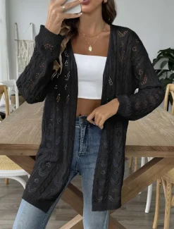 Sale Women's Cardigan Coat Casual Solid Color Ribbed Open Front Knitted Long Sleeve Regular Tops Knit Daily Black White Spring Fall Women Cardigans & Outerwears