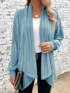 Sale Women's Cardigan Coat Daily Solid Color Ribbed Open Front Knitted Long Sleeve Regular Tops Knit Daily Blue Purple Spring Fall Women Cardigans & Outerwears