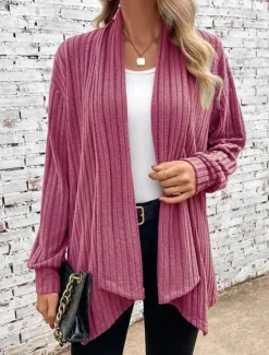 Sale Women's Cardigan Coat Daily Solid Color Ribbed Open Front Knitted Long Sleeve Regular Tops Knit Daily Blue Purple Spring Fall Women Cardigans & Outerwears