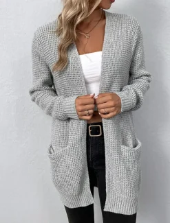 Best Women's Cardigan Daily Casual Solid Color Crew Neck Knitted Textured Long Sleeve Long Tops Knit Home Work Daily Black Pink Fall Winter Women Cardigans & Outerwears