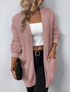 Best Women's Cardigan Daily Casual Solid Color Crew Neck Knitted Textured Long Sleeve Long Tops Knit Home Work Daily Black Pink Fall Winter Women Cardigans & Outerwears