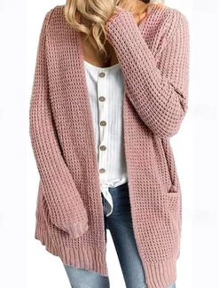 Best Women's Cardigan Daily Casual Solid Color Crew Neck Knitted Textured Long Sleeve Long Tops Knit Home Work Daily Black Pink Fall Winter Women Cardigans & Outerwears