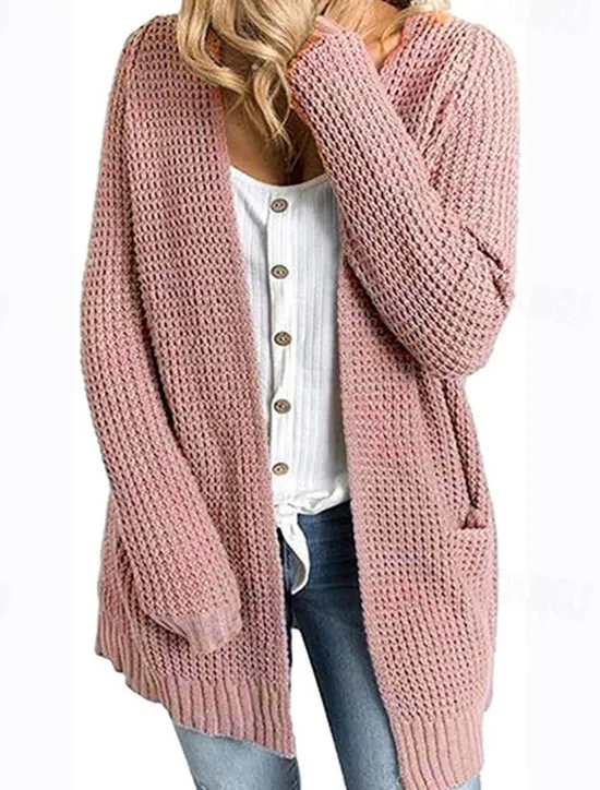 Best Women's Cardigan Daily Casual Solid Color Crew Neck Knitted Textured Long Sleeve Long Tops Knit Home Work Daily Black Pink Fall Winter Women Cardigans & Outerwears