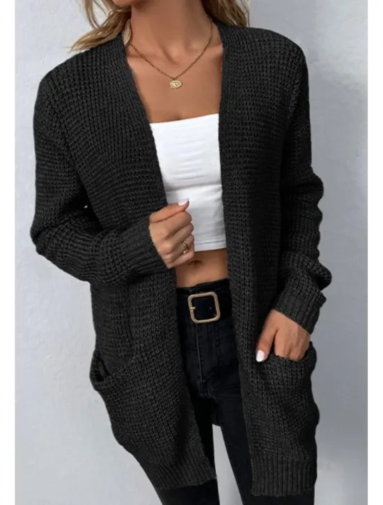 Best Women's Cardigan Daily Casual Solid Color Crew Neck Knitted Textured Long Sleeve Long Tops Knit Home Work Daily Black Pink Fall Winter Women Cardigans & Outerwears