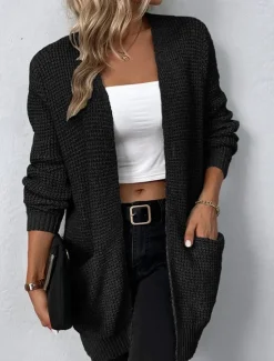 Best Women's Cardigan Daily Casual Solid Color Crew Neck Knitted Textured Long Sleeve Long Tops Knit Home Work Daily Black Pink Fall Winter Women Cardigans & Outerwears