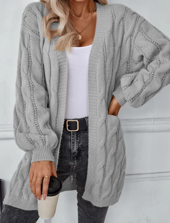 Best Women's Cardigan Daily Casual Solid Color Open Front Knitted Textured Long Sleeve Long Tops Knit Home Work Daily Red Brown Khaki Fall Winter Women Cardigans & Outerwears