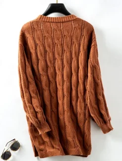 Best Women's Cardigan Daily Casual Solid Color Open Front Knitted Textured Long Sleeve Long Tops Knit Home Work Daily Red Brown Khaki Fall Winter Women Cardigans & Outerwears