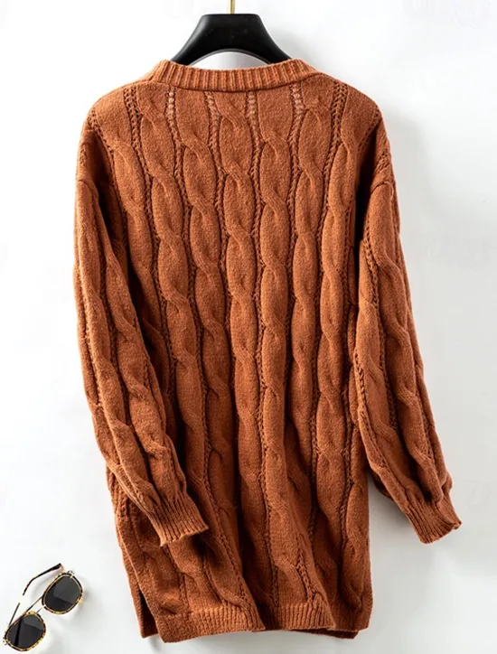 Best Women's Cardigan Daily Casual Solid Color Open Front Knitted Textured Long Sleeve Long Tops Knit Home Work Daily Red Brown Khaki Fall Winter Women Cardigans & Outerwears