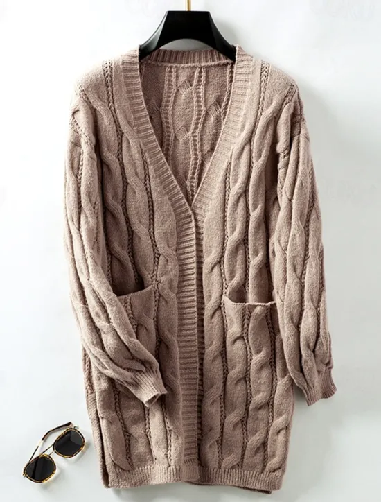 Best Women's Cardigan Daily Casual Solid Color Open Front Knitted Textured Long Sleeve Long Tops Knit Home Work Daily Red Brown Khaki Fall Winter Women Cardigans & Outerwears