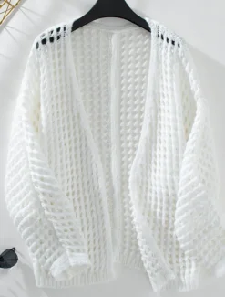 Online Women's Cardigan Daily Geometric Crochet Open Front Knitted Long Sleeve Long Tops Knit Outdoor Daily Going out White Beige Summer Fall Women Cardigans & Outerwears