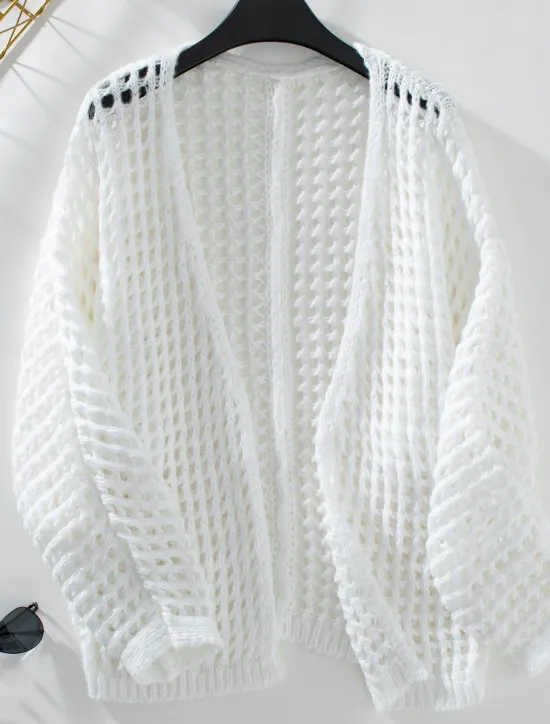 Online Women's Cardigan Daily Geometric Crochet Open Front Knitted Long Sleeve Long Tops Knit Outdoor Daily Going out White Beige Summer Fall Women Cardigans & Outerwears