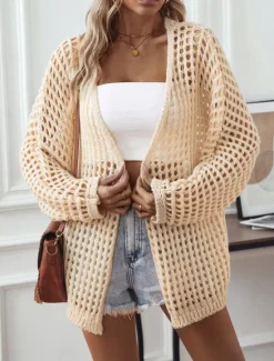 Online Women's Cardigan Daily Geometric Crochet Open Front Knitted Long Sleeve Long Tops Knit Outdoor Daily Going out White Beige Summer Fall Women Cardigans & Outerwears