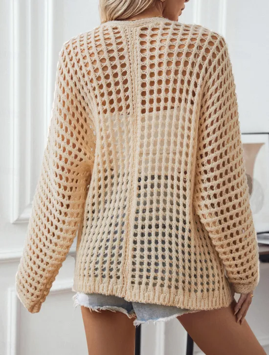 Online Women's Cardigan Daily Geometric Crochet Open Front Knitted Long Sleeve Long Tops Knit Outdoor Daily Going out White Beige Summer Fall Women Cardigans & Outerwears