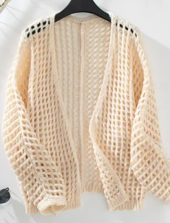 Online Women's Cardigan Daily Geometric Crochet Open Front Knitted Long Sleeve Long Tops Knit Outdoor Daily Going out White Beige Summer Fall Women Cardigans & Outerwears