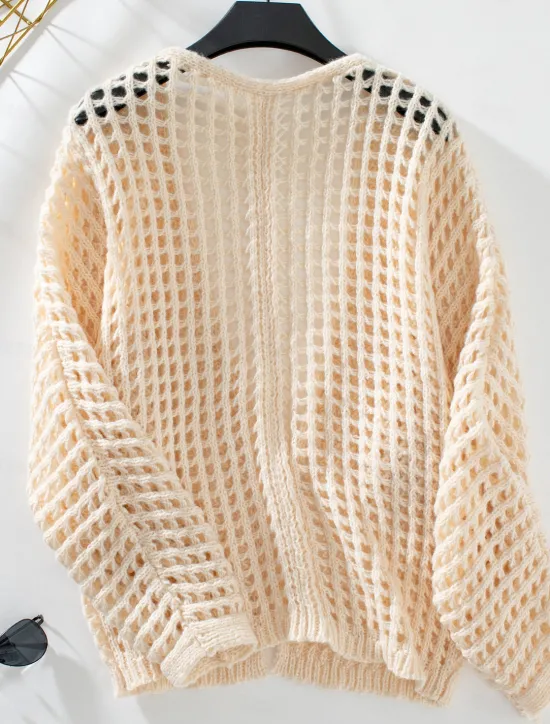Online Women's Cardigan Daily Geometric Crochet Open Front Knitted Long Sleeve Long Tops Knit Outdoor Daily Going out White Beige Summer Fall Women Cardigans & Outerwears