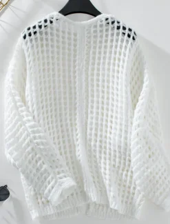 Online Women's Cardigan Daily Geometric Crochet Open Front Knitted Long Sleeve Long Tops Knit Outdoor Daily Going out White Beige Summer Fall Women Cardigans & Outerwears