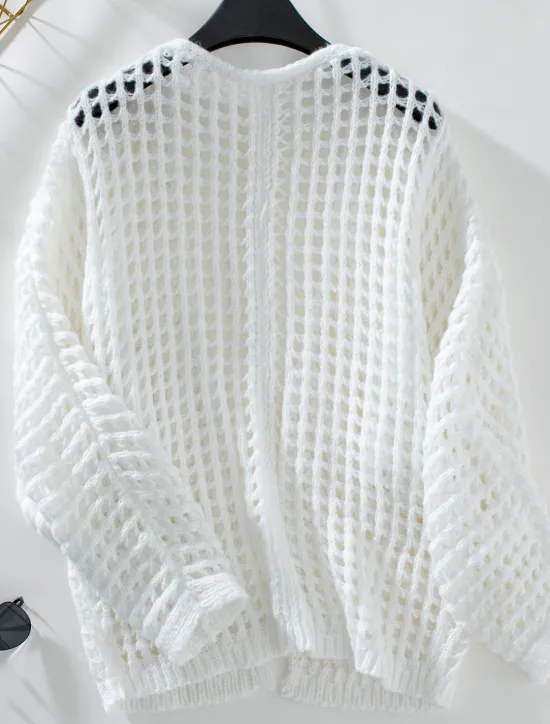Online Women's Cardigan Daily Geometric Crochet Open Front Knitted Long Sleeve Long Tops Knit Outdoor Daily Going out White Beige Summer Fall Women Cardigans & Outerwears