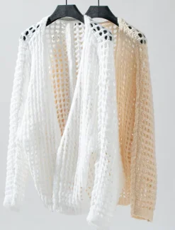 Online Women's Cardigan Daily Geometric Crochet Open Front Knitted Long Sleeve Long Tops Knit Outdoor Daily Going out White Beige Summer Fall Women Cardigans & Outerwears