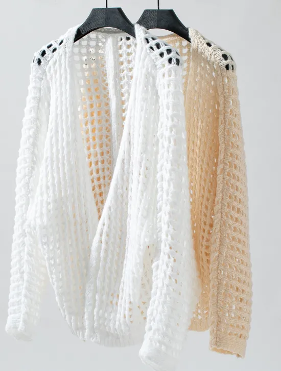 Online Women's Cardigan Daily Geometric Crochet Open Front Knitted Long Sleeve Long Tops Knit Outdoor Daily Going out White Beige Summer Fall Women Cardigans & Outerwears