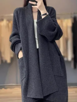 Hot Women's Cardigan Daily Solid Color Open Front Knitted Long Sleeve Long Tops Knit Work Camel Dark Gray Fall Winter Women Cardigans & Outerwears