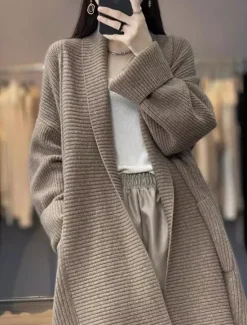 Hot Women's Cardigan Daily Solid Color Open Front Knitted Long Sleeve Long Tops Knit Work Camel Dark Gray Fall Winter Women Cardigans & Outerwears