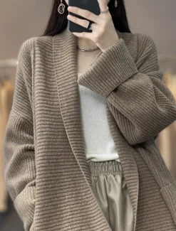 Hot Women's Cardigan Daily Solid Color Open Front Knitted Long Sleeve Long Tops Knit Work Camel Dark Gray Fall Winter Women Cardigans & Outerwears