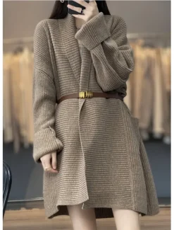 Hot Women's Cardigan Daily Solid Color Open Front Knitted Long Sleeve Long Tops Knit Work Camel Dark Gray Fall Winter Women Cardigans & Outerwears