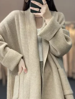 Hot Women's Cardigan Daily Solid Color Open Front Knitted Long Sleeve Long Tops Knit Work Camel Dark Gray Fall Winter Women Cardigans & Outerwears