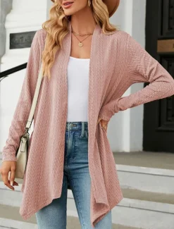 Clearance Women's Cardigan Elegant Casual Solid Color Plain Waffle Open Front Asymmetric Hem Long Sleeve Regular Tops Knit Daily Pink Green Spring Fall Women Jackets