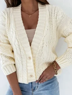 Discount Women's Cardigan Elegant Casual Solid Color Cable V Neck Buttons Long Sleeve Regular Tops Knit Daily White Yellow Spring Fall Women Cardigans & Outerwears