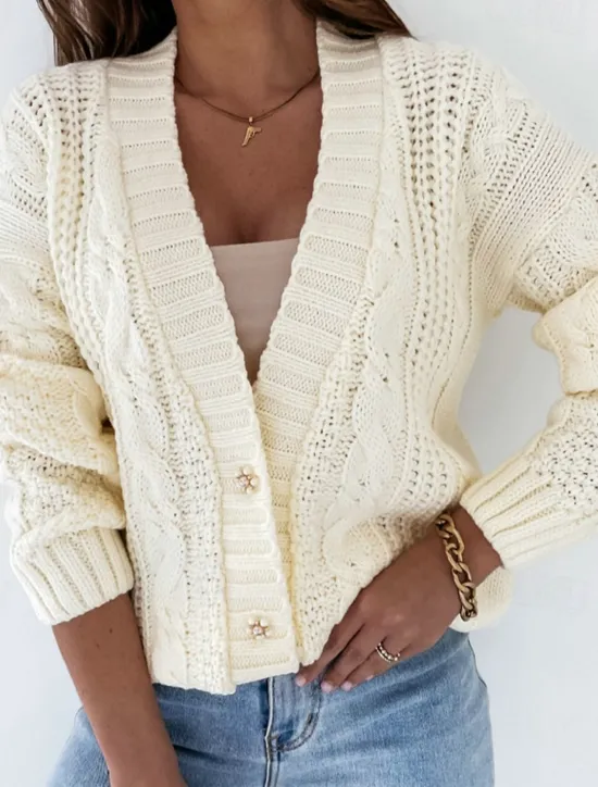 Discount Women's Cardigan Elegant Casual Solid Color Cable V Neck Buttons Long Sleeve Regular Tops Knit Daily White Yellow Spring Fall Women Cardigans & Outerwears