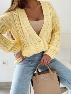 Discount Women's Cardigan Elegant Casual Solid Color Cable V Neck Buttons Long Sleeve Regular Tops Knit Daily White Yellow Spring Fall Women Cardigans & Outerwears