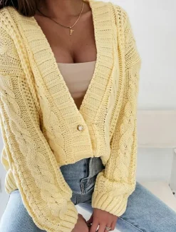 Discount Women's Cardigan Elegant Casual Solid Color Cable V Neck Buttons Long Sleeve Regular Tops Knit Daily White Yellow Spring Fall Women Cardigans & Outerwears