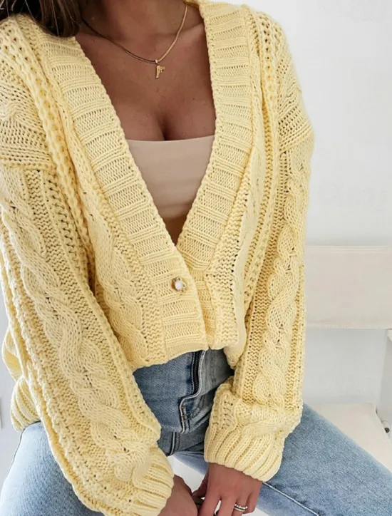 Discount Women's Cardigan Elegant Casual Solid Color Cable V Neck Buttons Long Sleeve Regular Tops Knit Daily White Yellow Spring Fall Women Cardigans & Outerwears