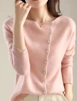Hot Women's Cardigan Elegant Fashion Daily Solid Color Fuzzy Crew Neck Knitted Long Sleeve Regular Tops Knit Work Pink Beige Fall Winter Women Cardigans & Outerwears