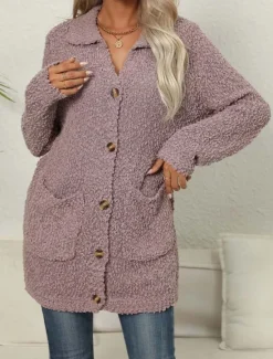 Online Women's Cardigan Elegant Fashion Daily Solid Color Open Front Knitted Textured Long Sleeve Long Tops Knit Work Green Fall Winter Women Cardigans & Outerwears