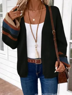 Outlet Women's Cardigan Elegant Vacation Vintage Open Front Stripe Drop Shoulder Long Sleeve Regular Tops Knit School Home Party Black khaki Fall Winter Women Cardigans & Outerwears