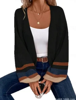 Outlet Women's Cardigan Elegant Vacation Vintage Open Front Stripe Drop Shoulder Long Sleeve Regular Tops Knit School Home Party Black khaki Fall Winter Women Cardigans & Outerwears