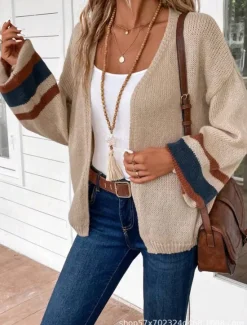 Outlet Women's Cardigan Elegant Vacation Vintage Open Front Stripe Drop Shoulder Long Sleeve Regular Tops Knit School Home Party Black khaki Fall Winter Women Cardigans & Outerwears