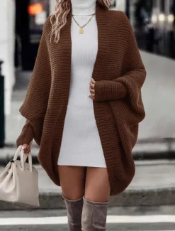 Hot Women's Cardigan Elegant Vintage Fashion Solid Color Stand Collar Knitted Batwing Sleeve Long Sleeve Long Tops Knit School Outdoor Home dark brown Black Spring Fall Women Cardigans & Outerwears