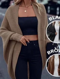 Hot Women's Cardigan Elegant Vintage Fashion Solid Color Stand Collar Knitted Batwing Sleeve Long Sleeve Long Tops Knit School Outdoor Home dark brown Black Spring Fall Women Cardigans & Outerwears
