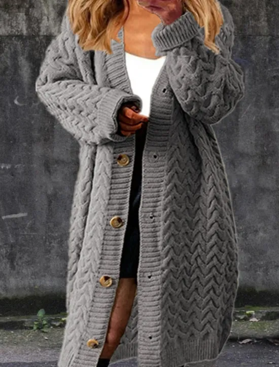 Discount Women's Cardigan Fashion Casual Soft Solid Color Cable V Neck Buttons Knitted Long Sleeve Long Tops Knit Outdoor Daily Going out Black Yellow Fall Winter Women Cardigans & Outerwears