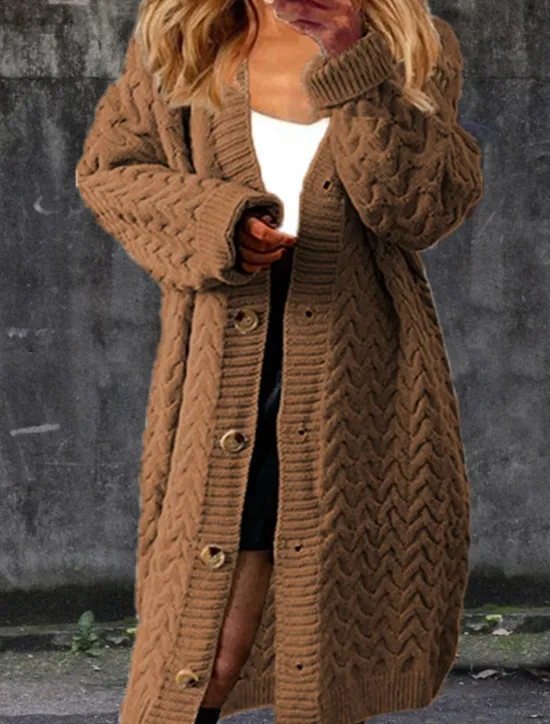 Discount Women's Cardigan Fashion Casual Soft Solid Color Cable V Neck Buttons Knitted Long Sleeve Long Tops Knit Outdoor Daily Going out Black Yellow Fall Winter Women Cardigans & Outerwears