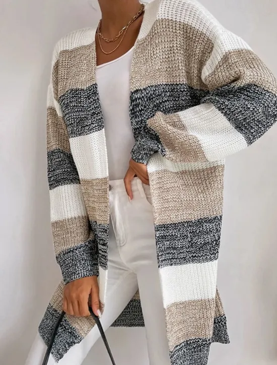Sale Women's Cardigan Fashion Daily Casual Striped Print Open Front Knitted Long Sleeve Long Tops Knit Work Black Fall Winter Women Cardigans & Outerwears