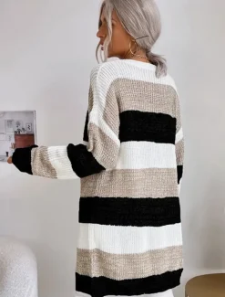 Sale Women's Cardigan Fashion Daily Casual Striped Print Open Front Knitted Long Sleeve Long Tops Knit Work Black Fall Winter Women Cardigans & Outerwears