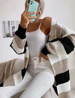 Sale Women's Cardigan Fashion Daily Casual Striped Print Open Front Knitted Long Sleeve Long Tops Knit Work Black Fall Winter Women Cardigans & Outerwears