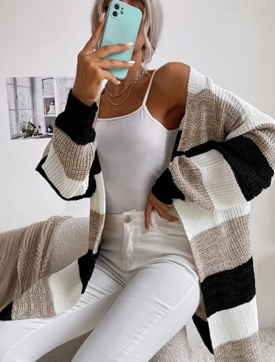 Sale Women's Cardigan Fashion Daily Casual Striped Print Open Front Knitted Long Sleeve Long Tops Knit Work Black Fall Winter Women Cardigans & Outerwears