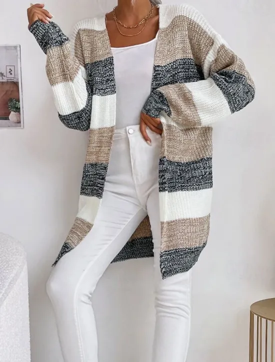 Sale Women's Cardigan Fashion Daily Casual Striped Print Open Front Knitted Long Sleeve Long Tops Knit Work Black Fall Winter Women Cardigans & Outerwears