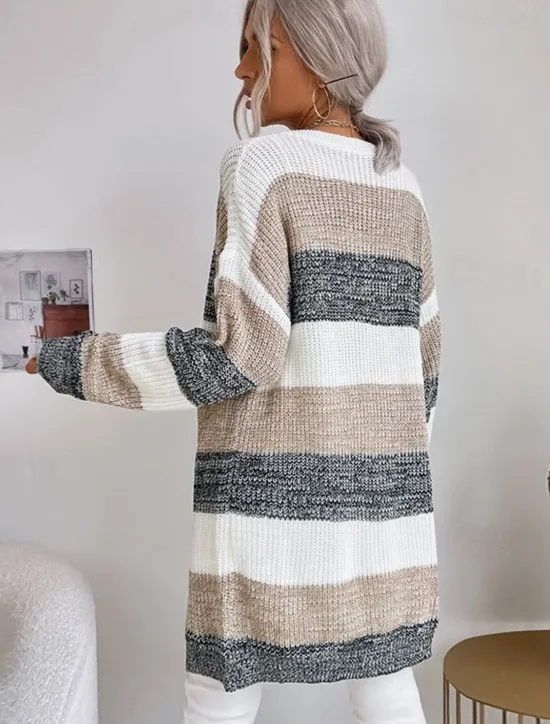 Sale Women's Cardigan Fashion Daily Casual Striped Print Open Front Knitted Long Sleeve Long Tops Knit Work Black Fall Winter Women Cardigans & Outerwears